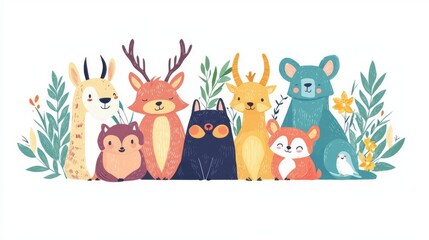 Fototapeta premium Cute forest animals surrounded by foliage.