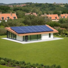 a house with a solar panel on the roof and a house with a house in the background