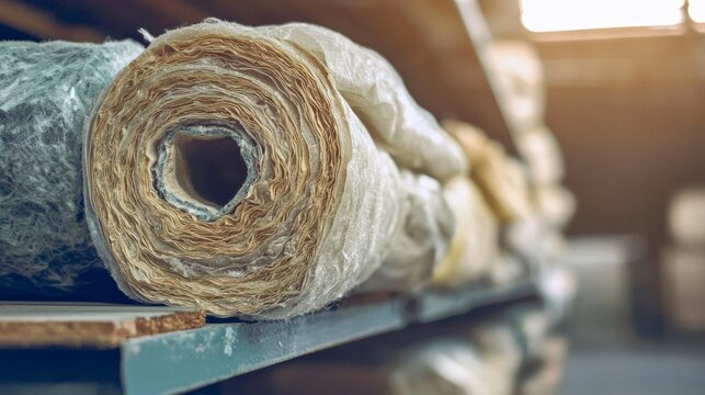 Textured fibr insulation material roll in industrial warehouse close-up perspective of construction supplies