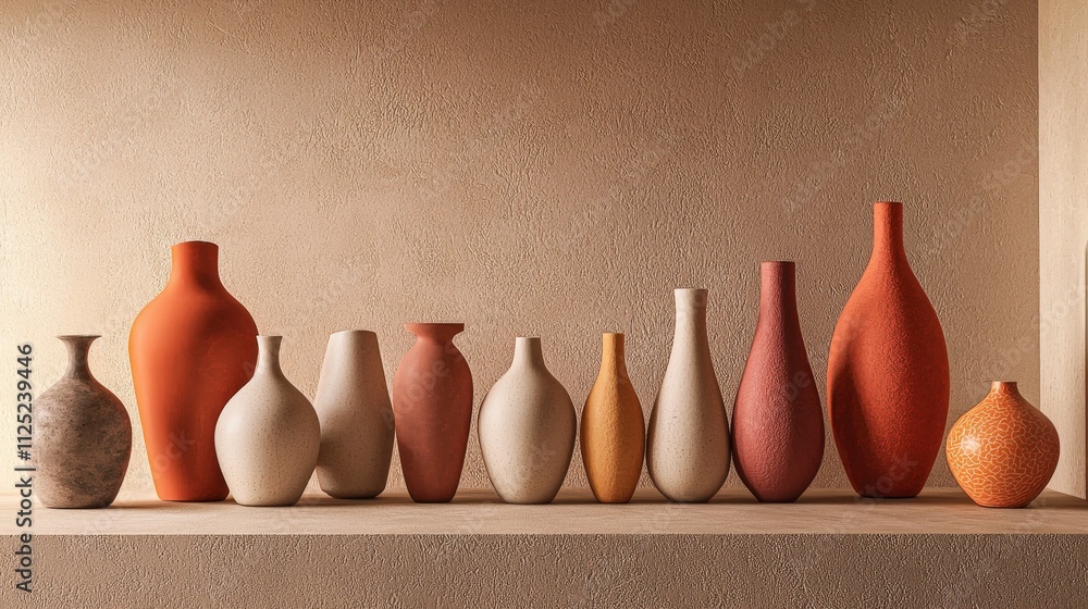 Poster artistic display of colorful ceramic vases modern home decorative art minimalist setting eye-level v