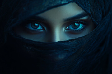 Naklejka premium woman with long brown hair and brown eyes is wearing a black scarf. The scarf covers her face, leaving only her eyes visible. The image has a mysterious and exotic feel to it
