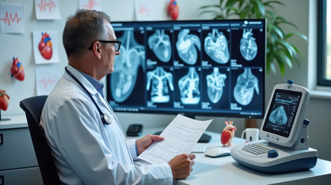 Cardiology doctor reviews cardiac ultrasound images and EKG graphs in a modern medical setting. Cardiologist Analyzing Ultrasound Images and EKGs