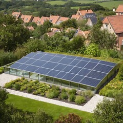 a house with a solar panel on the roof and a house with a house in the background, solar shade, solar panel, green energy