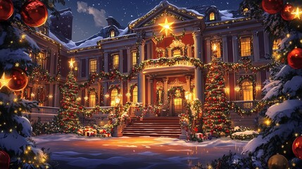 grand mansion decorated for Christmas with lights and garlands