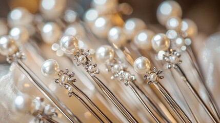 Elegant pearl-embellished hairpins arrangement bridal accessories soft lighting close-up timeless beauty design