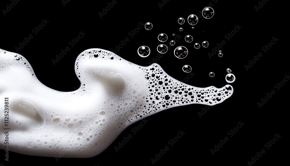 Poster a swirling foam formation with bubbles against a black background, creating a dynamic and visually s