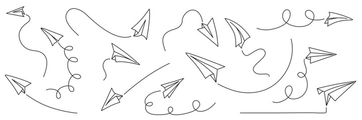 Hand drawing paper airplanes set. Vector stock illustration isolated on white background for design template business or education presentation, information banner. Editable stroke line.