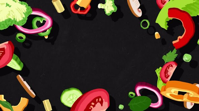 Vegetables fly from the center of the frame towards camera and stop. Animated frame of sliced vegetables on a black textured background.