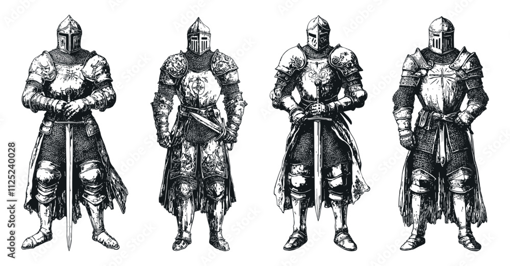 Poster medieval knight set ink style vector illustrations unique artwork creative design decorative element