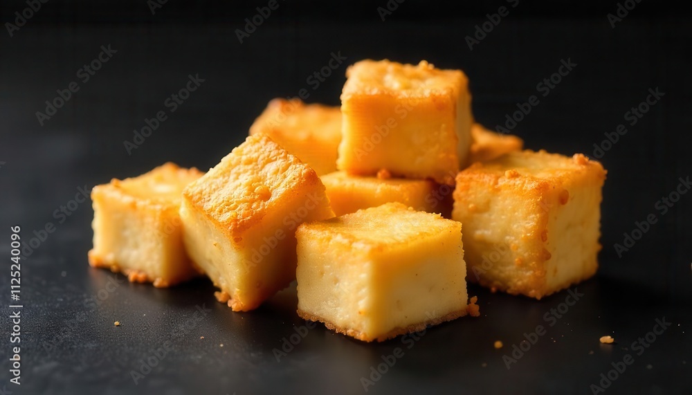 Wall mural Delicious golden brown tofu cubes kitchen counter food photography modern setting close-up culinary art