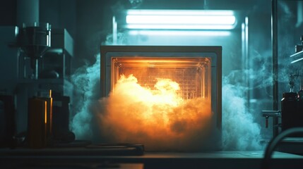 A futuristic metallic box emitting neon-colored smoke into a shadowy laboratory