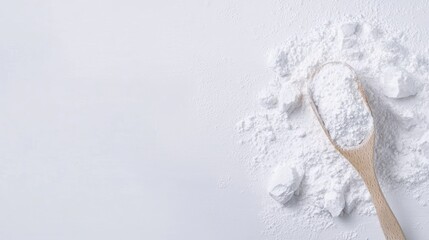 A close-up of white powder and a wooden spoon on a light surface, emphasizing texture and simplicity.