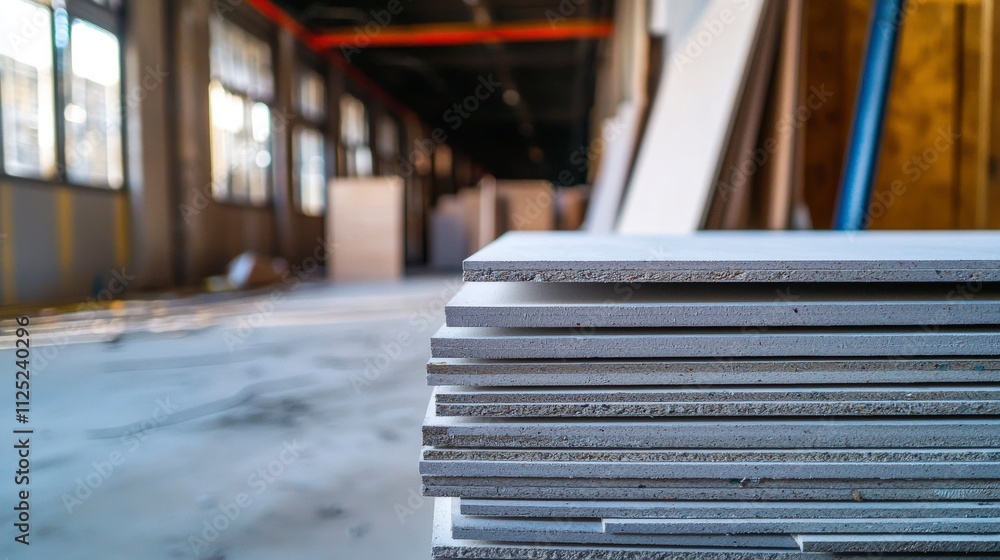 Poster Drywall sheets stacked against wall in construction site industrial setting close-up view building materials concept