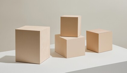Minimalistic arrangement of beige cubes on a light surface, showcasing geometric shapes and modern design aesthetics.
