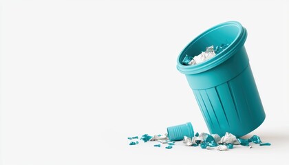 A turquoise trash bin tipped over, spilling crumpled paper and waste onto a clean surface.