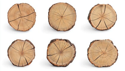 Fototapeta premium A collection of six wooden slices, showcasing unique textures and patterns, highlighting the natural beauty of tree rings and wood grain.
