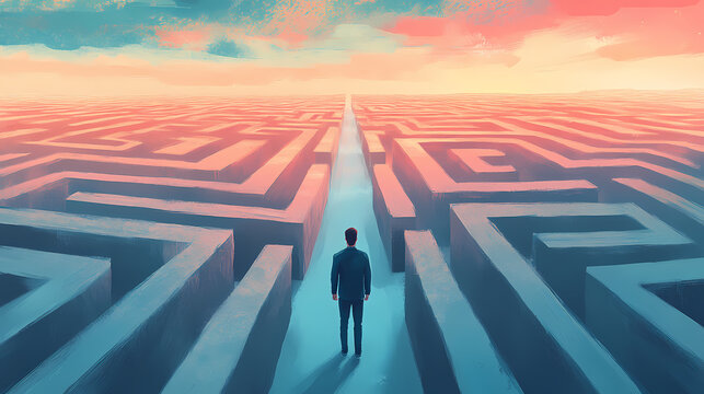 Man in surreal maze, facing labyrinth challenge, complex problem decision, strategy for success, concept of life obstacles and solutions. Labyrinth. Illustration
