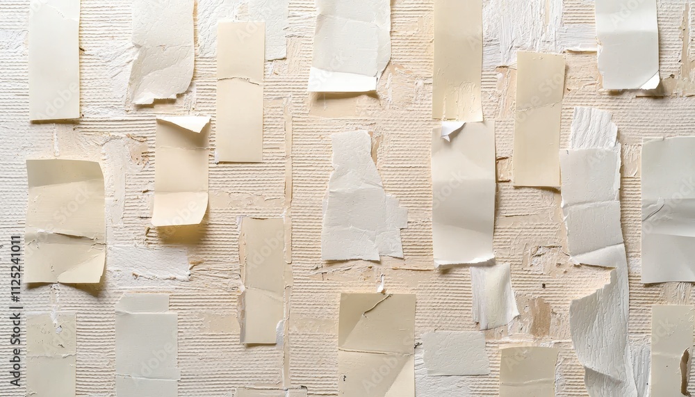 Poster a textured wall covered with various torn pieces of paper in shades of white and beige, creating an 