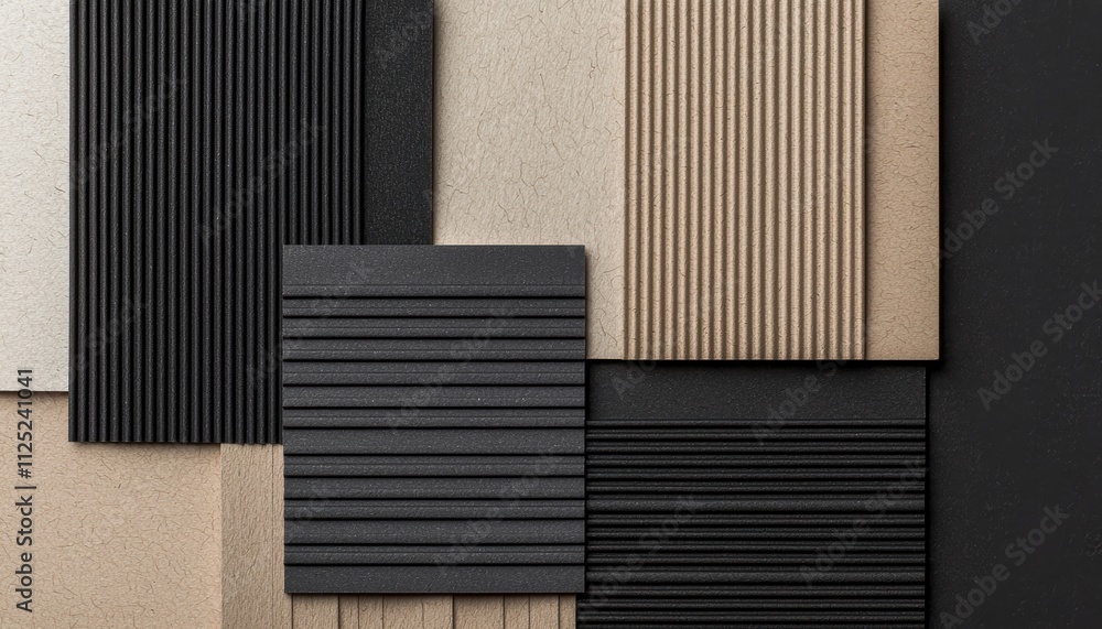 Poster a collection of textured materials featuring various patterns in neutral tones, showcasing a modern 