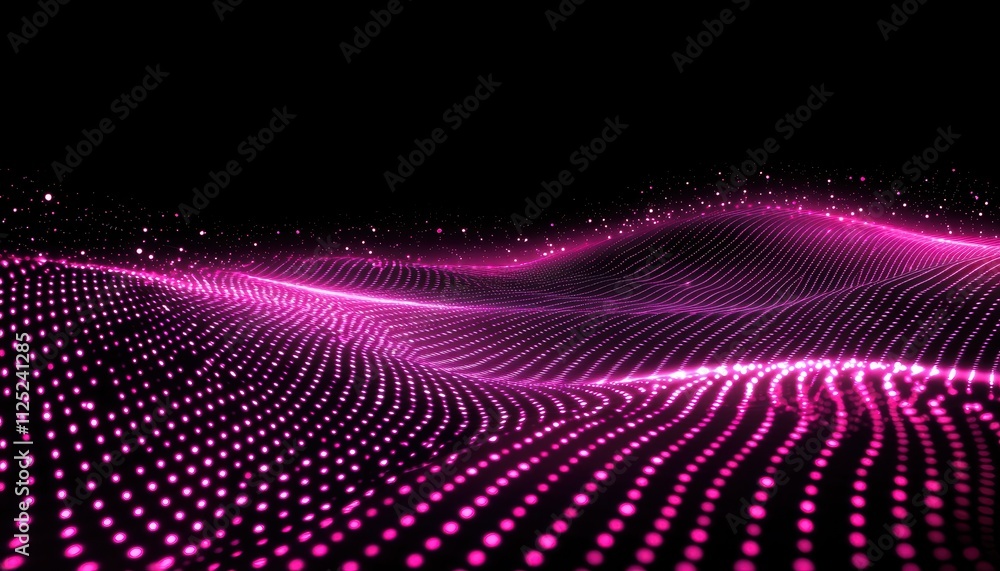Poster vibrant pink dots create a wave-like pattern against a dark background, evoking a sense of digital m
