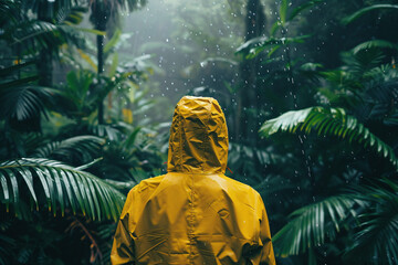 Man in a bright yellow raincoat stands amidst lush jungle greenery, surrounded by vibrant tropical foliage. Adventure and atmospheric travel concept.