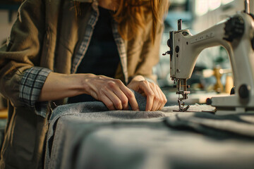 Tailor sewing old fabrics at seamstress workplace. Female hands holding textile in close up near the sewing maching. Upcycling ideas, reusing old clothes. Sustainable fashion concept.