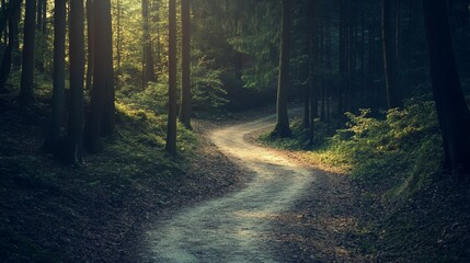Obraz premium Forest path curves through sun-dappled trees.