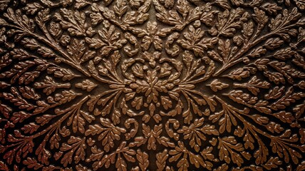 A detailed bronze floral carving featuring intricate leaf patterns on a dark textured background. Ideal for vintage decor, luxury themes, and artistic designs.
