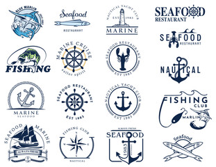 set of logos and labels for seafood restaurant sport fishing and fish market navigation