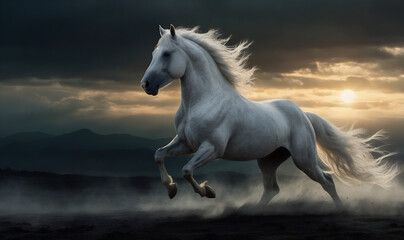 A white horse shining with light against a background of darkness.