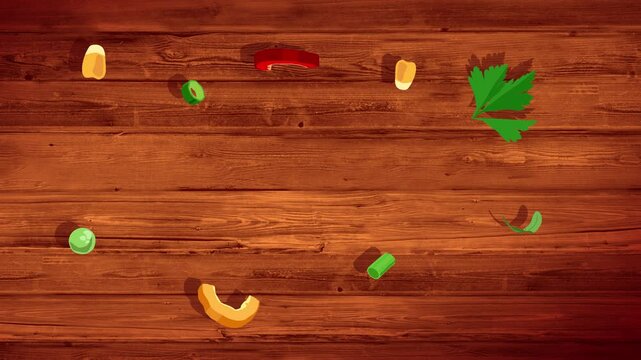 Vegetables fly across the screen from left to right. Sliced pepper, mushrooms, tomatoes, onion, cauliflower  on a wooden textured background. Cooking culinary show opener, place for text or logo.