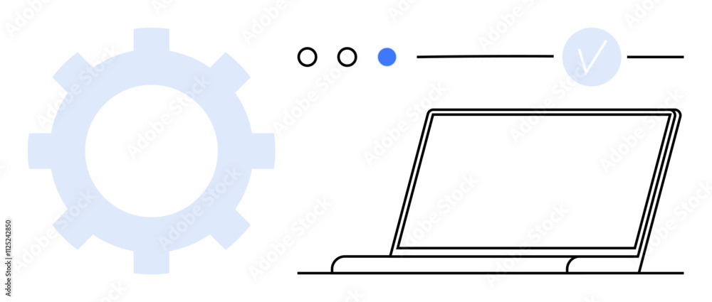 Poster laptop with large gear, progress dots, and checkmark. ideal for technology, productivity, online ser