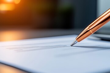 A close-up of a pen poised above a blank document, capturing the essence of writing and creativity during a warm, sunlit moment.