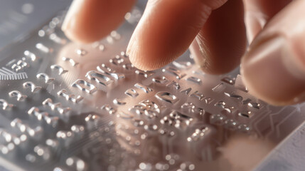 letters embossed on a credit card with fingers touching them
