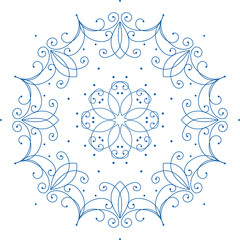 Elegant blue snow mandala on transparent background. Christmas lacy snowflake. Winter design element of curved lines. Ornate elegance ornament. Frost pattern on the window. Lacy classic vintage design