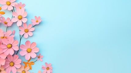 Naklejka premium A retro floral illustration featuring pink daisies on a pastel blue background, perfect for International Women’s Day designs, showcasing femininity, charm, and vintage elegance.