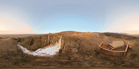 Obraz premium 360 equirectangular photo frozen waterfall Magnusarfoss rock and ice formations Iceland 2024