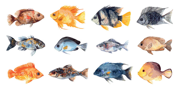 Oceanic Fish Set Modern Watercolor Technique Illustration On White Unique Artwork Creative Design Decorative Elements Artistic Visuals Modern Graphics Distinctive Style Marine Life