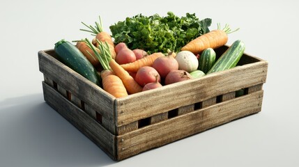 Wooden crate filled with fresh vegetables, including carrots, zucchini, potatoes, beets, and onions