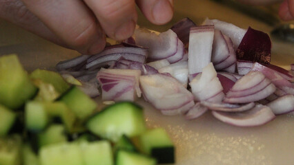 person chopping red onions on a cutting board by cucumbers