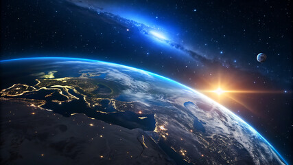 Fototapeta premium Earth from space, blue glow, sunrise over planet, starry background,
