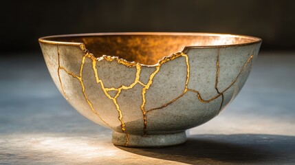 Kintsugi bowl. Gold cracks restoration on old Japanese pottery restored with the antique restoration technique.The unique beauty of imperfections. 