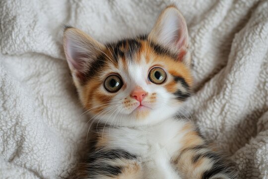 Adorable calico kitten relaxing on soft blanket