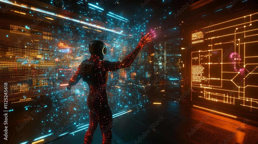 Poster robotic figure interacts with glowing digital data.