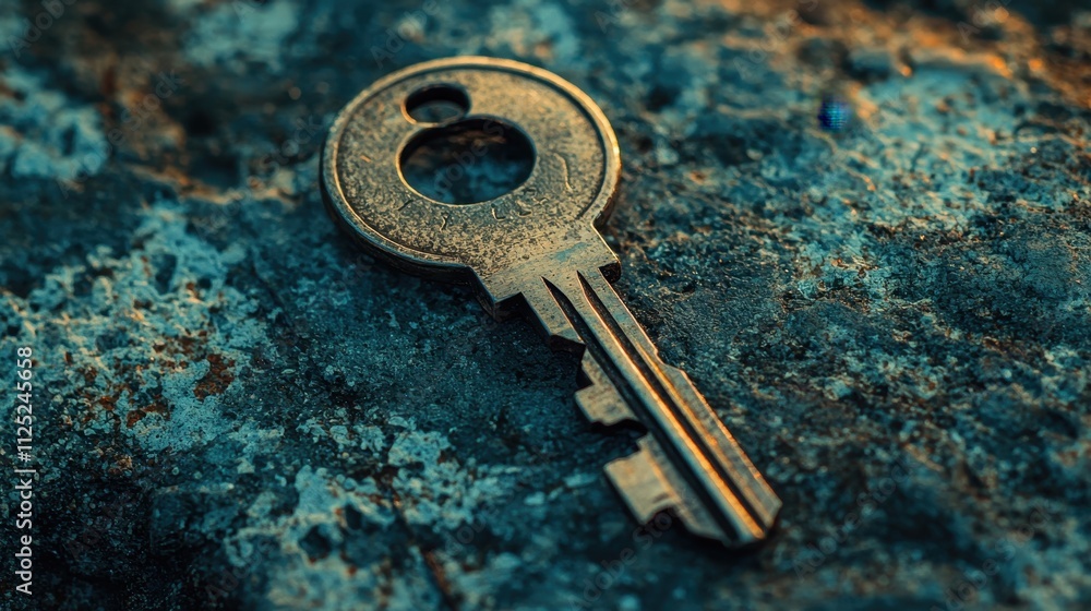 Poster close-up view of a vintage key resting on a rustic surface with a house in the background