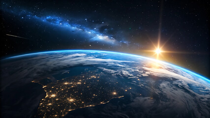 Earth from space, blue glow, sunrise over planet, starry background,