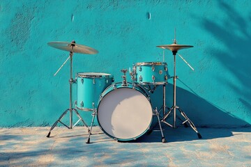 Turquoise drum set standing in front of a vivid blue wall