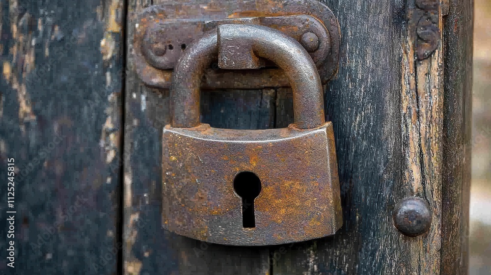 Poster close-up image of a rusty padlock on a wooden gate highlighting security and age