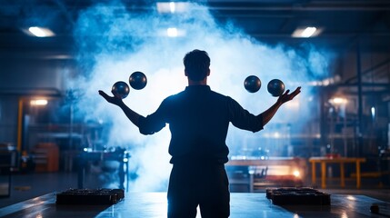 Juggler in Industrial Setting - Skill, balance, control, precision, and potential. A lone figure juggles in a smoky industrial space.