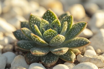 Adromischus maculatus growing on white pebbles in sunlight